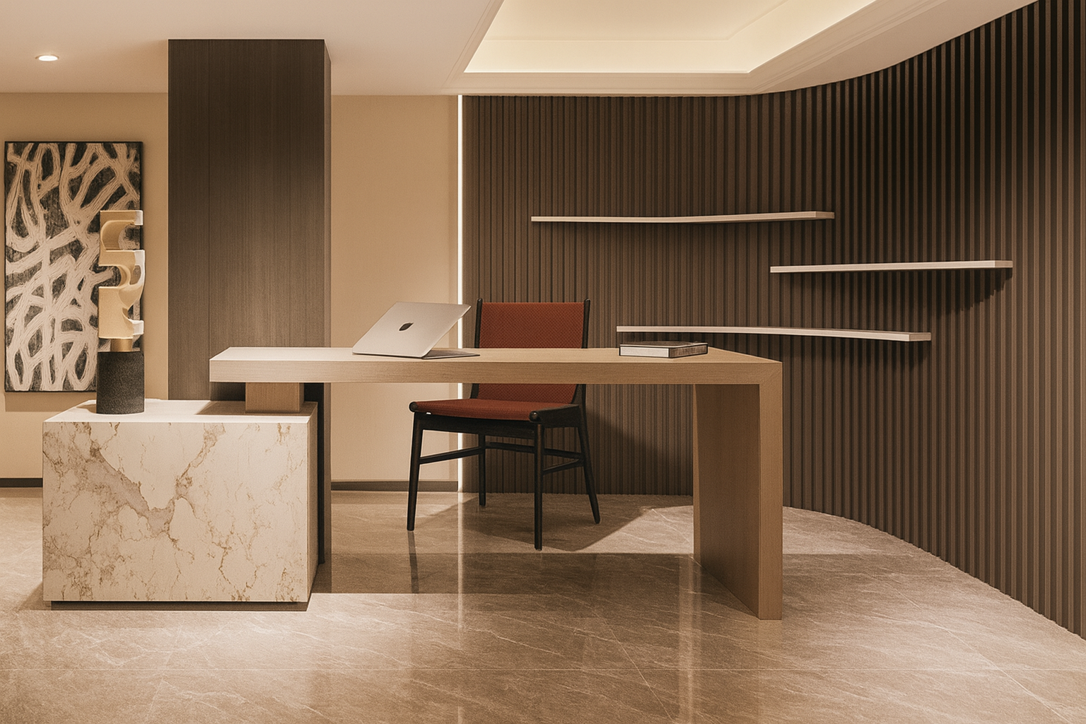 Modern office interior featuring dark wood-grain fluted panels along a curved feature wall. SAIBA Homes