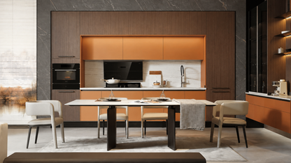 A modern kitchen and dining area featuring a large built-in kitchen cabinet system with dark wood grain doors, bright orange accent cabinets, a white countertop, and a central dining table with four upholstered chairs.
