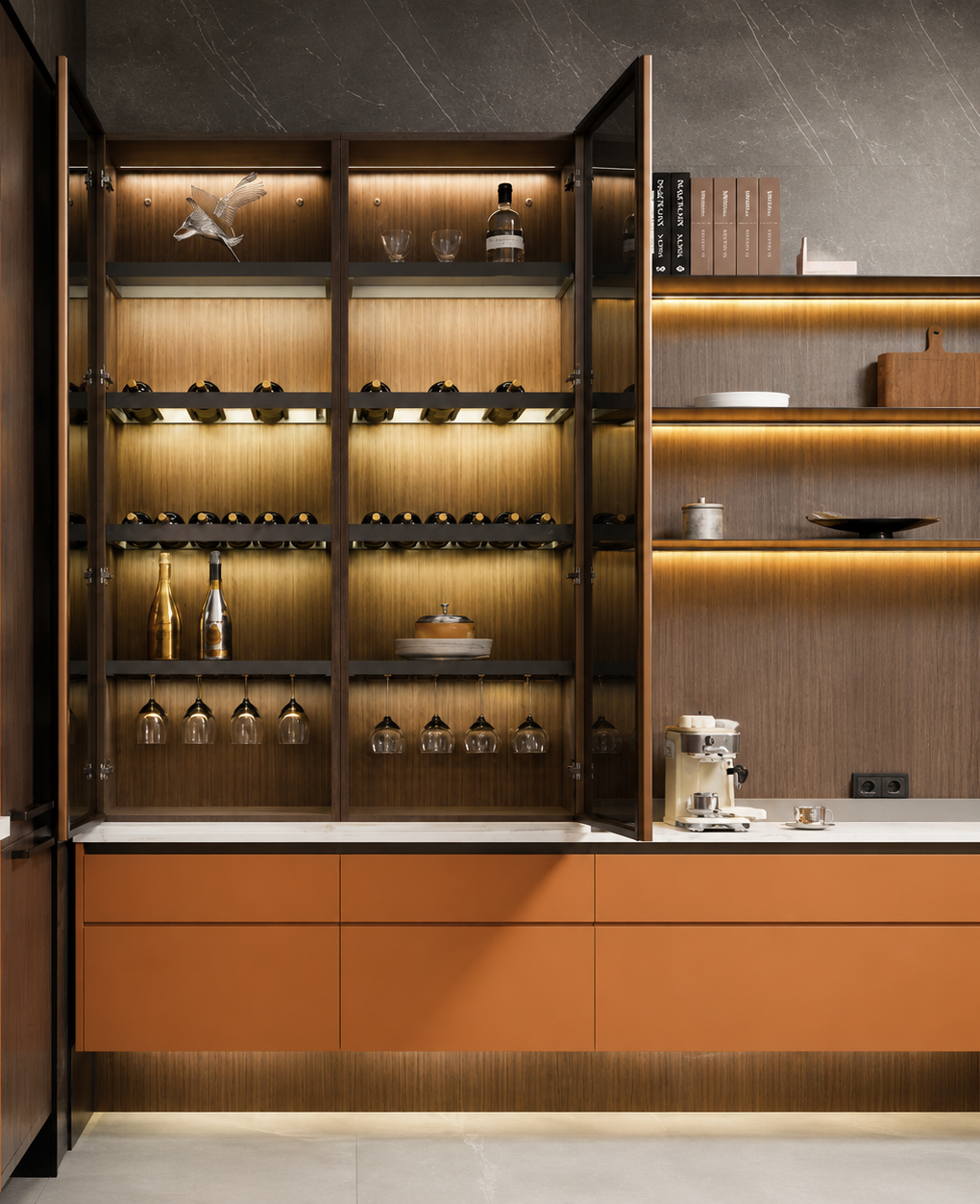 A luxury built-in home bar and wine cabinet system with dark wood grain doors, warm LED under-shelf lighting, orange-brown lower cabinets, and glassware and bottles displayed on shelves.
