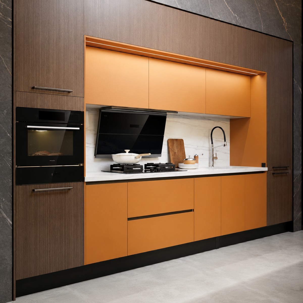 A modern kitchen cabinet set with bright orange doors, dark wood grain side cabinets, a black built-in oven, black range hood, white countertop, and a black gooseneck faucet.