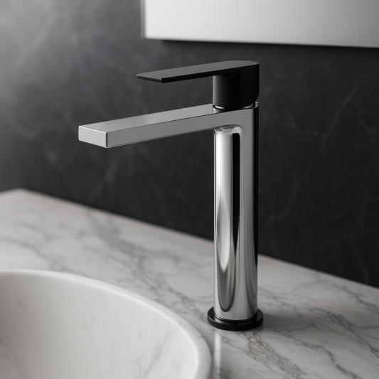 Zarros chrome and black modern single-handle bathroom faucet installed on marble grey and white countertop