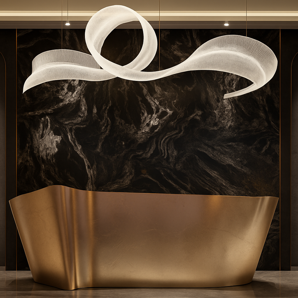 Ultra HD black stone wall panels with dramatic swirling veining in a modern luxury lobby interior